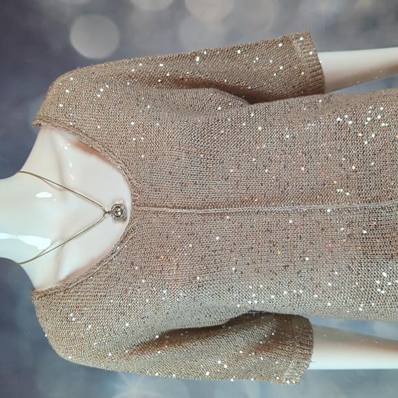 H by Halston sz XL Sequined Sparkling Bling V-Neck Sweater - Champagne Tan - Picture 3 of 6